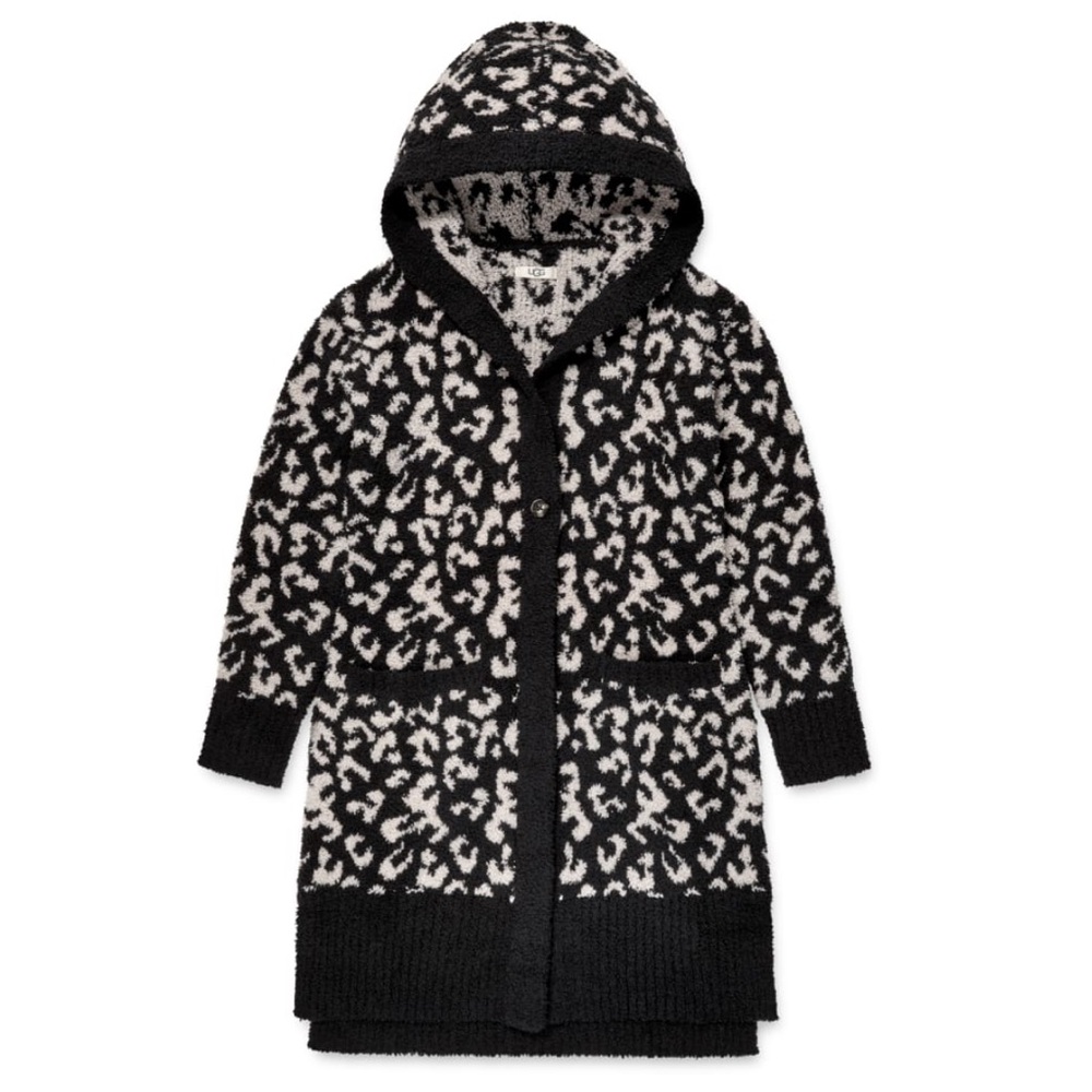UGG Judith Hooded Lounge Cardigan Sweater Fluffy Knit Black Leopard Size M L